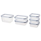 Six transparent rectangular ikea food containers with blue lids, stacked neatly in two piles of three.