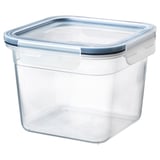 IKEA 365+ clear square tupperware with blue lid, made of polypropylene plastic, transparent, and frost-proof.