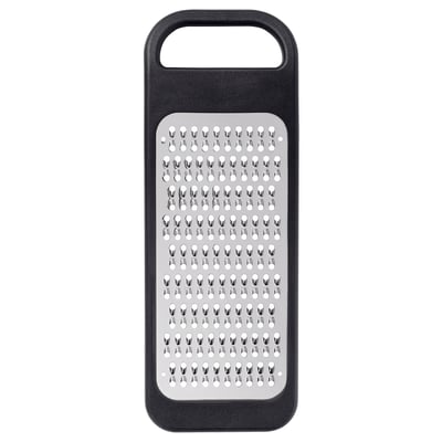 IKEA 365+ black grater with stainless steel blades, handle on top, rectangular shape.