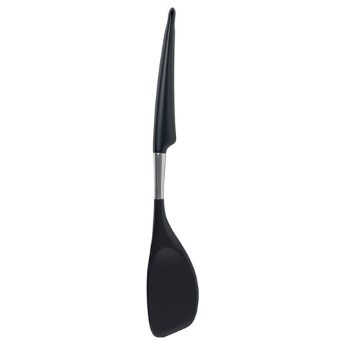 Black spatula with silicone handle and stainless steel shaft. Ergonomic grip for safe use.