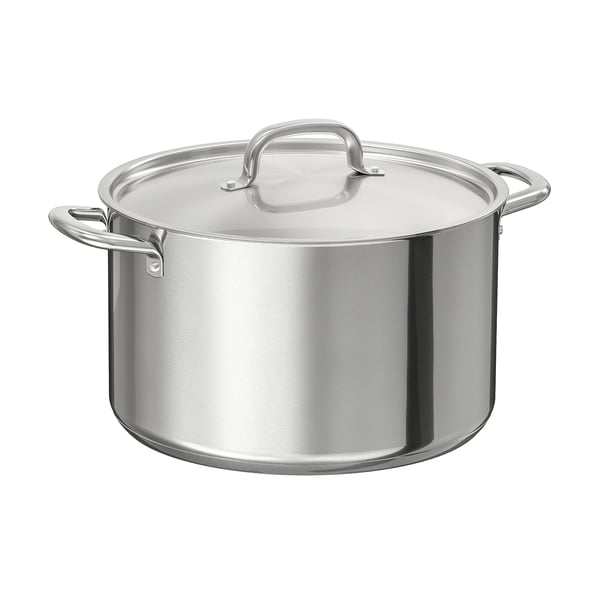 IKEA 365+ stainless steel stockpot, polished silver, rounded design with two side handles and a flat lid.
