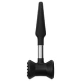 Black ikea meat hammer with rubber handle and stainless steel bolster.