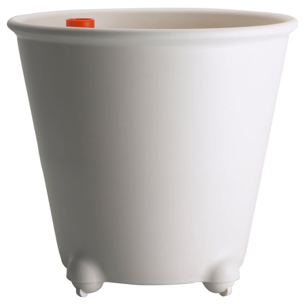 White ikea self-watering planter with gray lid and wheels.
