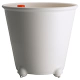 White ikea self-watering planter with gray lid and wheels.
