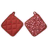Fade-resistant red potholders featuring diamond pattern & floral designs, crafted from recycled polyester and cotton.