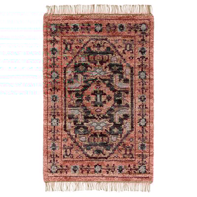 ISGRÄS rug, red, woven wool, rectangular, ornate floral pattern, fringed edges.