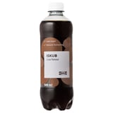 A bottle of ISKUB cola, a low-sugar carbonated drink by ikea, 500 ml, with natural flavor.