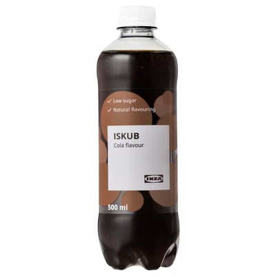 A bottle of ISKUB cola, a low-sugar carbonated drink by ikea, 500 ml, with natural flavor.