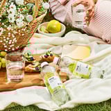 A picnic scene with a bottle of ISKUB lemon-lime beverage, glasses of water, fresh fruits, and snacks, laid out on a blanket with flowers.
