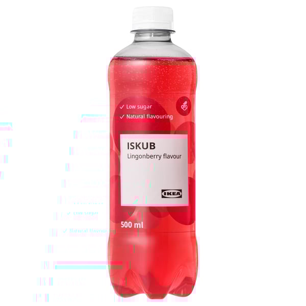 Bottle of ISKUB lingonberry flavored drink. Low sugar, natural flavoring by ikea.