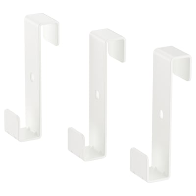 Three white IVAR hooks; simple design, ideal for hanging and organizing.