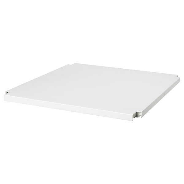 A white IVAR shelf, rectangular in shape, made of steel with a powder-coated finish. It two metal brackets for stability.