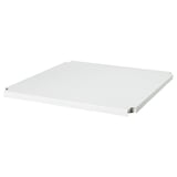A white IVAR shelf, rectangular in shape, made of steel with a powder-coated finish. It two metal brackets for stability.