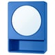 A blue IVÖSJÖN bathroom cabinet with a large round mirror, open shelf for storage, and magnetic-locked door.