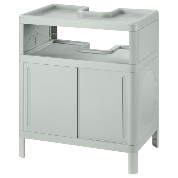 An IVÖSJÖN gray bathroom cabinet with open and closed storage.