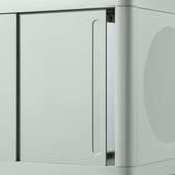 Modern, sleek, compact bathroom cabinet with sliding door, combining open and closed storage.