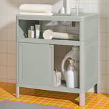 Light grey IVÖSJÖN bathroom cabinet organizes toiletries and towels with open and hidden storage.