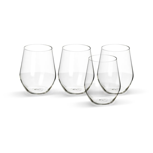 Four transparent IVRIG glasses, made of glass, with large round bowls and no foot, arranged in a line.