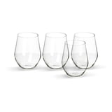 Four transparent IVRIG glasses, made of glass, with large round bowls and no foot, arranged in a line.