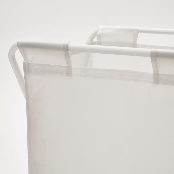 White, lightweight, folded laundry bag with sturdy handles and metal frame, ready for use.