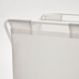 White, lightweight, folded laundry bag with sturdy handles and metal frame, ready for use.