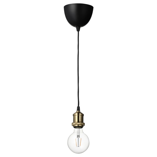 Jallby pendant lamp: black textile cord, brass socket, bulb with visible filament.