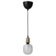 Modern hanging lamp with gold socket and black cord, featuring a frosted glass bulb.