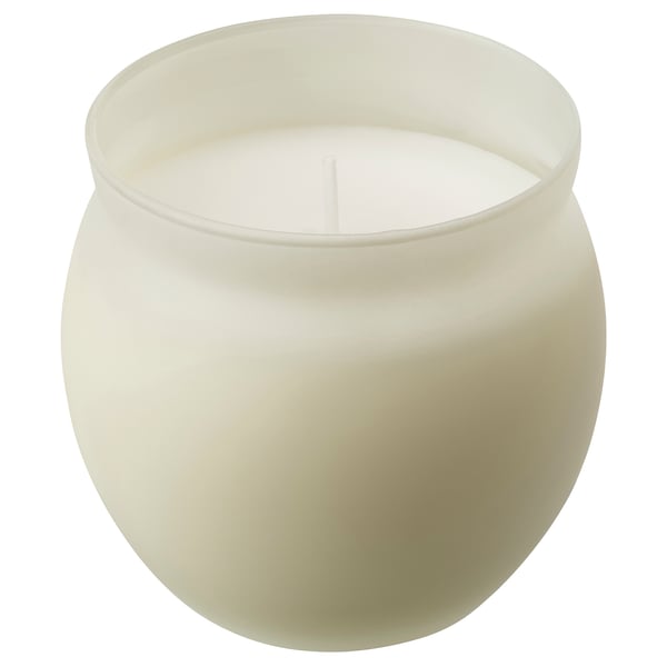 JÄMLIK candle: white globe glass, soft vanilla scent, cotton wick.