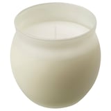 JÄMLIK candle: white globe glass, soft vanilla scent, cotton wick.