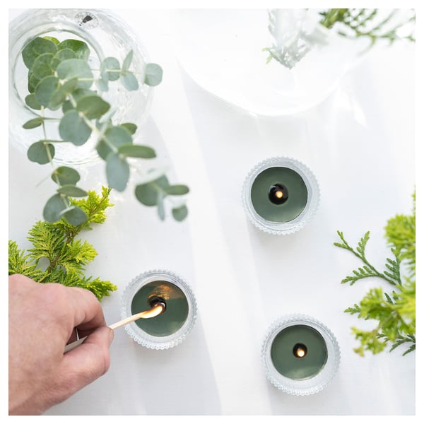 A person lights three green JÄMTSKOGEN scented candles in glass holders surrounded by plants on a white surface.