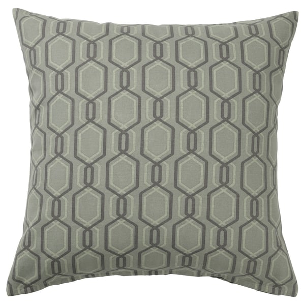 A square throw pillow, named JÄTTEPOPPEL, in grey and white with a green and grey geometric pattern, made of 100% cotton.