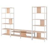 Image depicts two sets of light wood and white JÄTTESTA shelves, modern and versatile for storage.