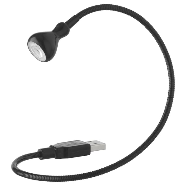 Black flexible usb lamp, adjustable, led, plastic and steel.
