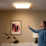 Man adjusts light panel remote in cozy room, changing illumination; art, lamp, and plants decorate space.