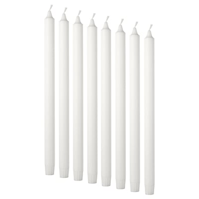 Eight white candles. Simple, cylindrical shape with cotton wicks. Arranged in pairs, standing upright.