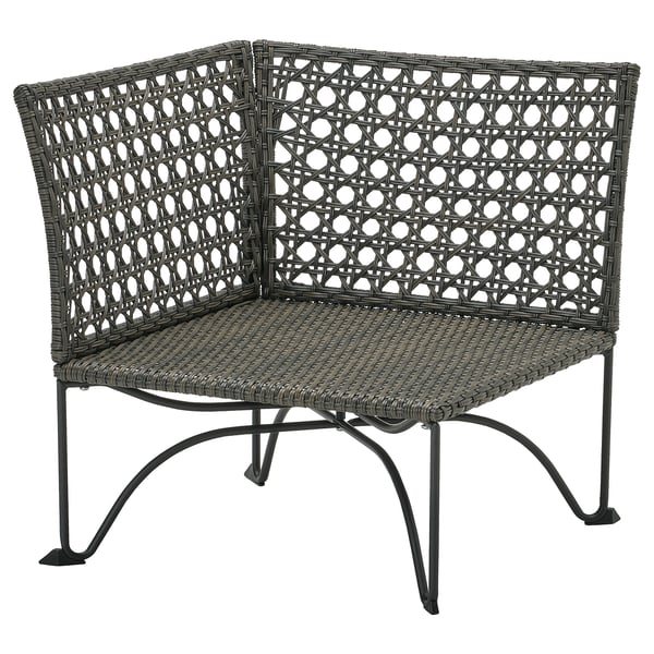 JUTHOLMEN gray outdoor chair, wicker design, black metal legs.