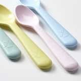 Four colorful spoons for kids. Soft and durable plastic, designed with easy grip.