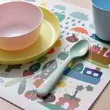 Colorful, durable kids table set with bowl, plate, cup, spoon. Ideal for independent eating.