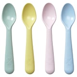 Four colored spoons with textured grips and heart emblems.