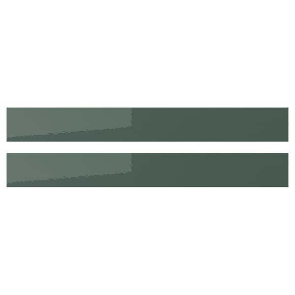 Two modern, sleek KALLARP drawer fronts in grey-green. Rectangle shape, high-gloss finish, made from recycled materials.