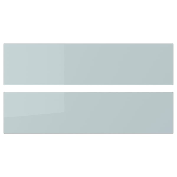 Two sleek, modern, high-gloss grey-blue KALLARP drawer fronts, rectangular with clean lines and eco-friendly recycled material.