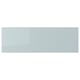 Rectangular, light blue-gray high-gloss kitchen cabinet front, smooth surface.
