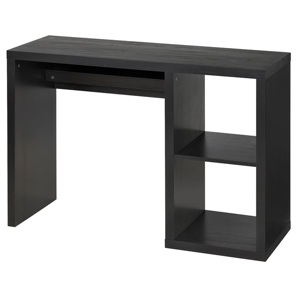 Black ikea KALLAX desk, rectangular with storage, minimalist design, cable outlet.