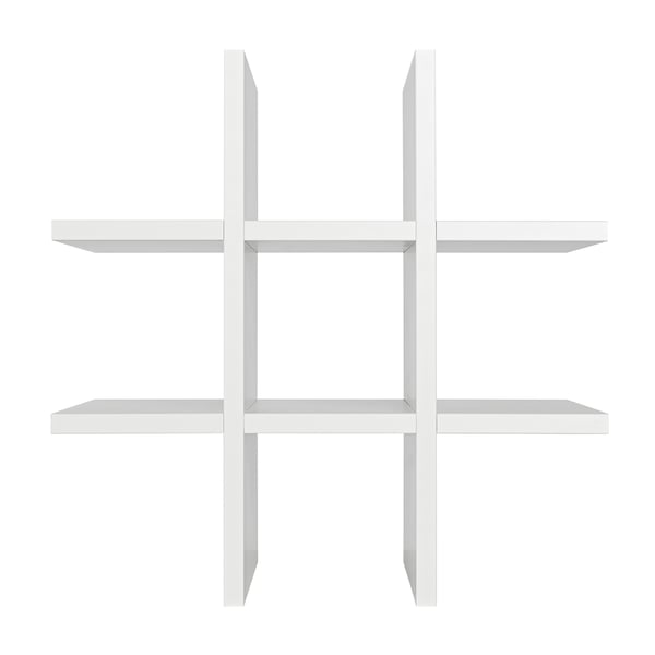Modern white modular shelving unit with multiple compartments.