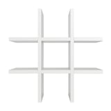 Modern white modular shelving unit with multiple compartments.