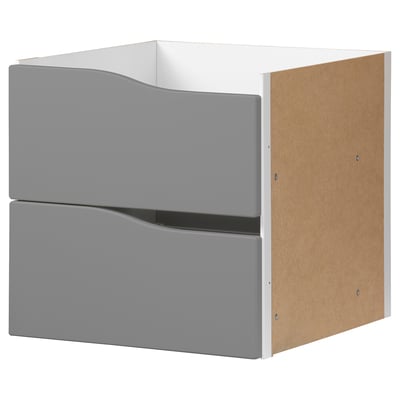 Ikea KALLAX shelf unit with 2 drawers, light grey, made of fibreboard and particleboard, modern design.