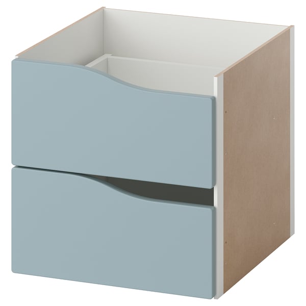 Depicts a KALLAX shelf insert with two blue drawers. Made from fibreboard and acrylic paint, it a sleek, rectangular design for organized storage.