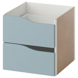 Depicts a KALLAX shelf insert with two blue drawers. Made from fibreboard and acrylic paint, it a sleek, rectangular design for organized storage.