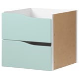 A KALLAX shelf insert with two light blue drawers, made of fiberboard and acrylic paint. It has a rectangular shape and a modern design.