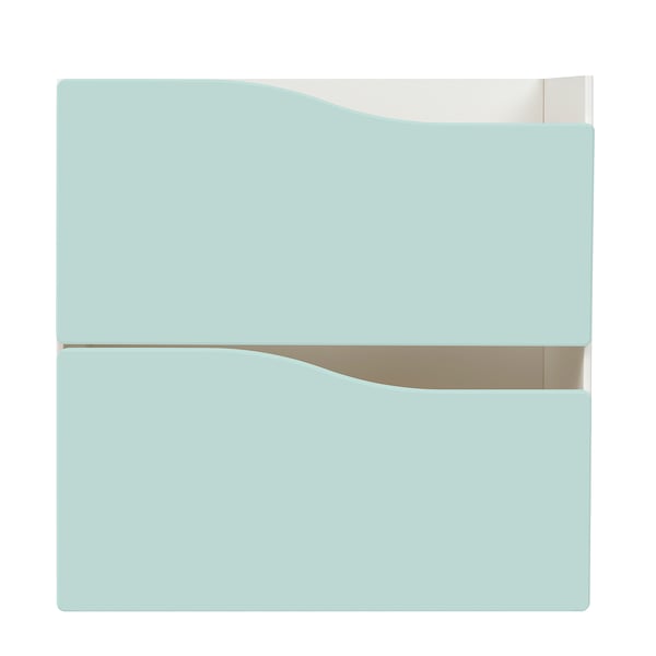KALLAX shelf organizer with 2 drawers, light blue with beige accents, high-quality finish.